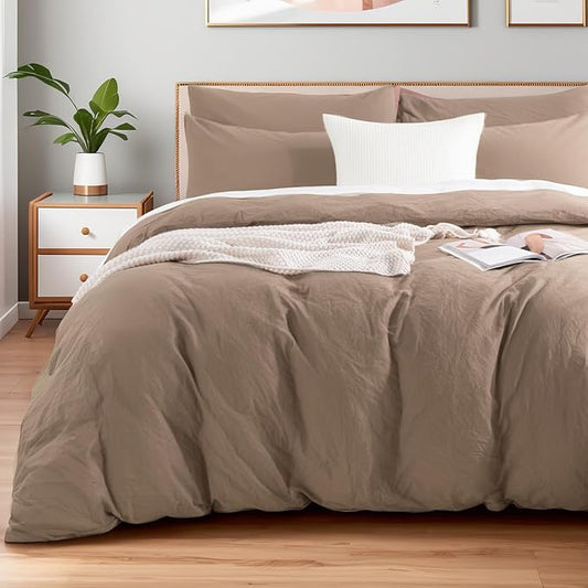 NEXHOME PRO 100% Washed Cotton Duvet Cover Twin Size, Ogranic Natural Linen Feel Breathable Bedding Set with Zipper Closure, 2 Pieces Duvet Cover Set Toffee (No Comfortert) 6890