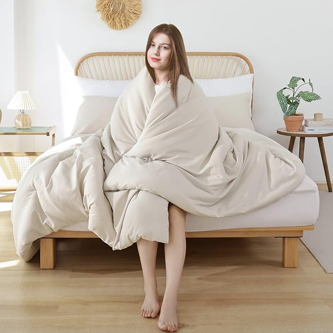 ROSGONIA King Size Comforter Set Beige, 3pcs (1 Boho Comforter & 2 Pillowcases) All Season Bedding Soft Lightweight Bedspread Cozy Blanket Quilt