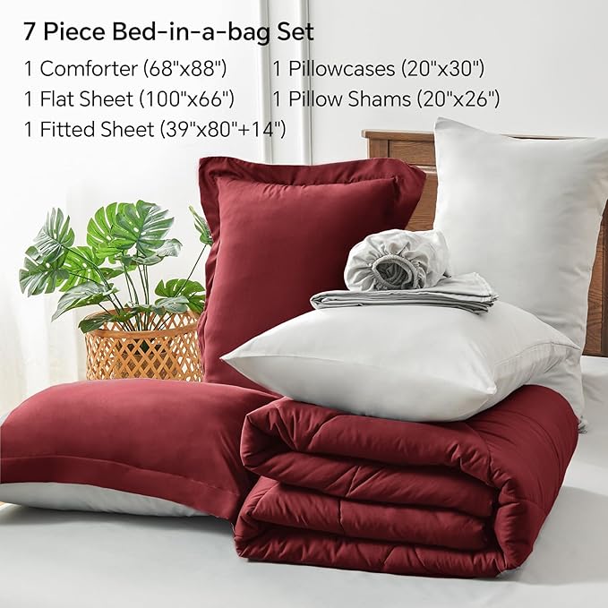 BEDELITE Twin XL Comforter Set 5 Pieces Bed in A Bag - Soft Microfiber Reversible Twin Extra Long Burgundy Bed Set with Comforters, Sheets, Pillowcase & Sham, Cozy Bedding Sets for College Dorm Room