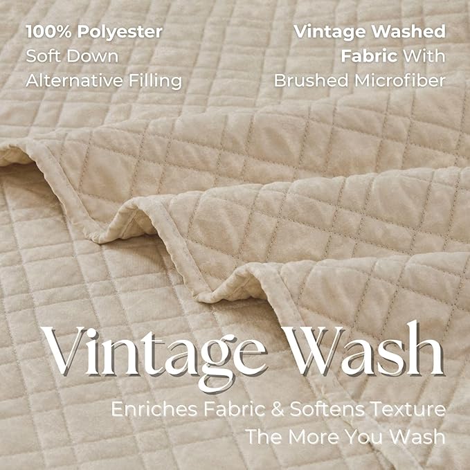 DOWN HOME Twin Quilt Set with Sham Lightweight Quilted Bedspread Coverlet Thin Comforter Bed Cover Vintage Washed Quilted Blanket for All Season, Brushed Microfiber Diamond Stitching, Beige, 66"x92"