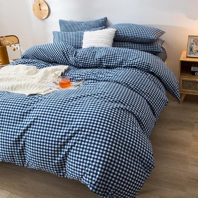 LifeTB Royal Blue Gingham Duvet Cover King 100% Washed Cotton Modern Grid Duvet Cover 3 Piece Vintage Plaid Checkered Comforter Cover Farmhouse Gingham Grid Bedding Set Breathable Durable