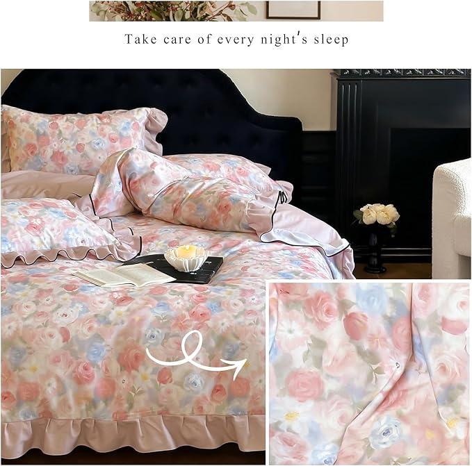 HighBuy Ruffle Duvet Cover Queen Size,Vintage Lace Floral Botanical 100% Brushed Cotton Bedding Set for Women Girls,Farmhouse Bedding Super Soft Comfortable Boho Chic Lightweight 3 Pieces