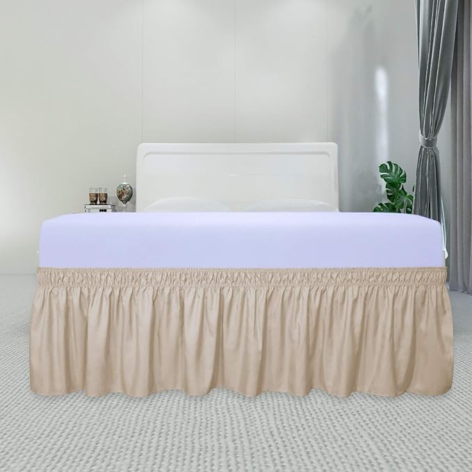 PureFit Wrap Around Ruffled Bed Skirt with Adjustable Elastic Belt - 14 Inch Drop Easy to Put On, Wrinkle Free Bedskirt Dust Ruffles, Bed Frame Cover for Twin, Twin XL and Full Size Beds, Beige
