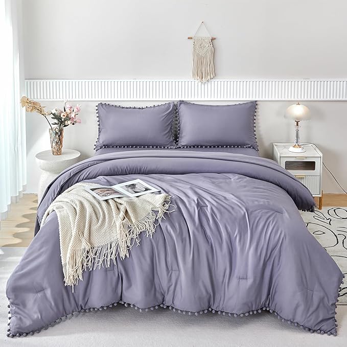 PERFEMET 5-Piece Pom Pom Twin Bed in A Bag for Girls Purple Boho Bedding Comforter Set with Sheet Fluffy Soft Lightweight Kids Bedding Set Matching 2 Pillowcases(Grayish Purple, Twin)
