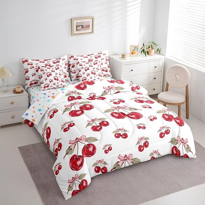 Feelyou Red Cherry Twin Comforter Set with Sheets for Kids Boys Girls Pink Bowknot 7 Pieces Bedding Set Cartoon Cherry Bed in a Bag Cute Bow Room Decor Soft Lightweight Microfiber