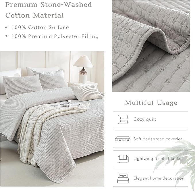 CozyTide Oversized King Bedspread 128"x120",Stone-Washed Cotton King Quilt Bedding Set Oversized,3 Pieces Soft Lightweight Wheat Stitching Pattern Extra Large Bedspread & Coverlet Sets