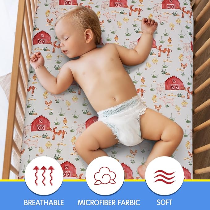 VitalCozy 4 Pcs Farm Animals Crib Sheet Set Newborn Bedding Nursery Baby Sheets for Girl Boys Baby Gifts for Standard Crib and Toddler Mattresses, 52 x 28 x 8 Inches