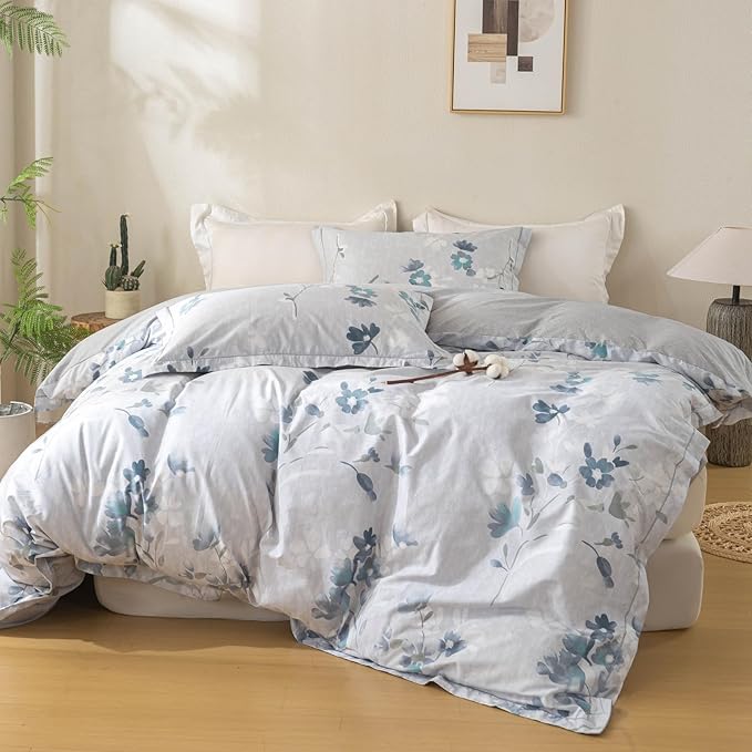 OAITE Duvet Cover Set Twin Size Floral Pattern Ultra Soft 100% Cotton Duvet Cover Sets 3-PC, Breathable Duvet Cover with Zipper Closure & Corner Ties(2 Pillow Shams,1 Duvet Cover)