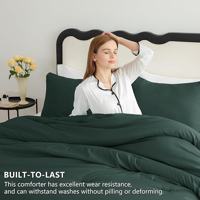 CozyLux King Size Comforter Set Forest Green, 3 Pieces Solid Breathable Quilted Style Bedding Sets, Luxury Soft Bed Set with Down Alternative Comforter for All Season (1 Comforter & 2 Pillowcases)