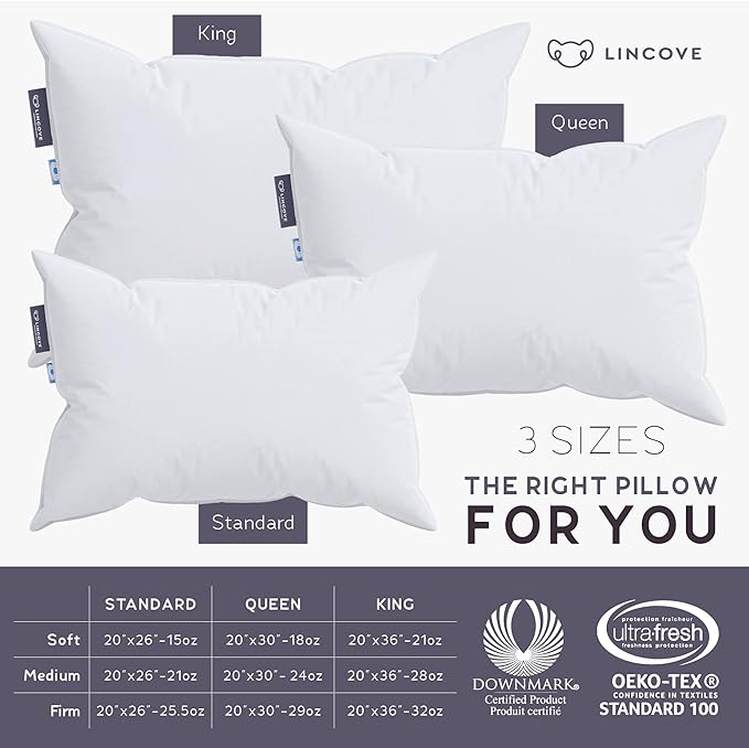 Lincove Cloud Natural Canadian Down Pillow, White Luxury Sleeping Pillow - 625 Fill Power, 500 Thread Count Cotton Shell, Made in Canada, Queen - Medium, 2 Pack