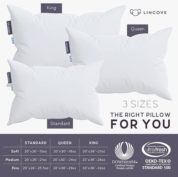 Lincove Cloud Natural Canadian Down Pillow, White Luxury Sleeping Pillow - 625 Fill Power, 500 Thread Count Cotton Shell, Made in Canada, King - Firm, 2 Pack