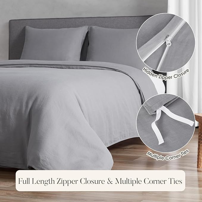 DAPU 100% Linen Duvet Cover Set - Pure Natural French Flax Linen with Corner Ties and Zipper Closure Soft Breathable Durable for Hot Sleepers 1 Duvet Cover 2 Pillowcases (Earl Gray, King)