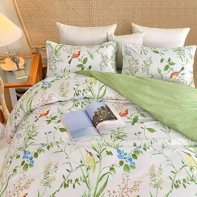 Nanko Queen Size Duvet Cover Set, Green Floral/Flower Leaf Bird Print Pattern, 3pc 90x90 Microfiber Comforter Quilt Bedding Cover with Zip Ties - Spring Modern Farmhouse for Men and Women Teen Girl