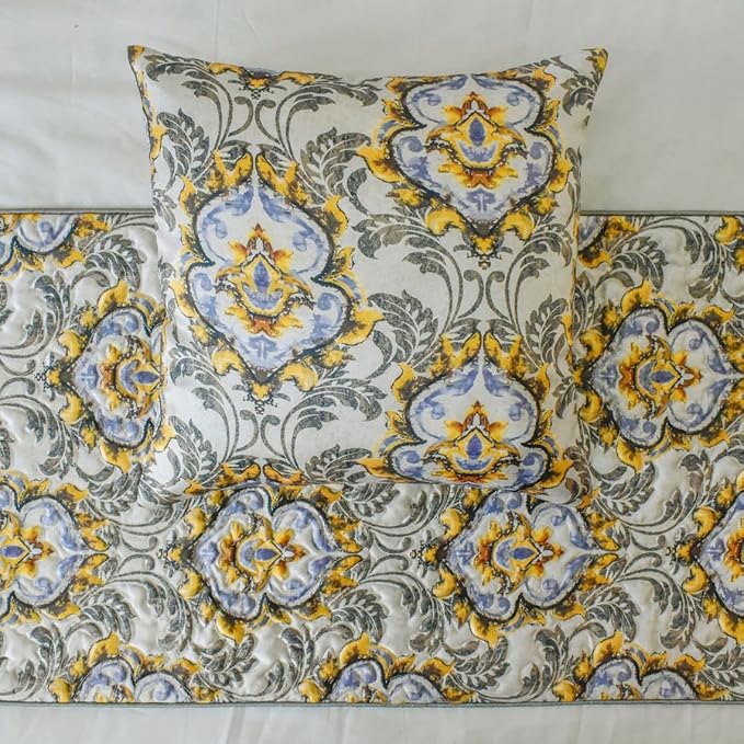 The HomeCentric King/Queen/Twin Grey Decorative Twin 53"x18" Bed Runner with Pillow Cover, Quilted, Damask & Tassels Bed Scarf on Jacquard Fabric - Damask Blaze