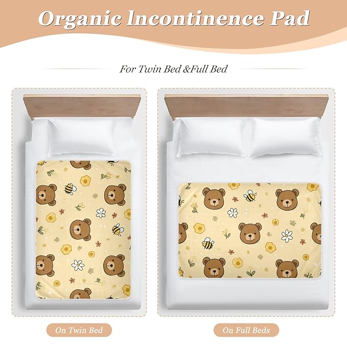 Waterproof Bed Pad Reusable Changing Pad Toddler Mattress Protector Large Pee Pad Baby Diaper Pad Soft Washable Liner Brown Bear Bees Honey Yellow