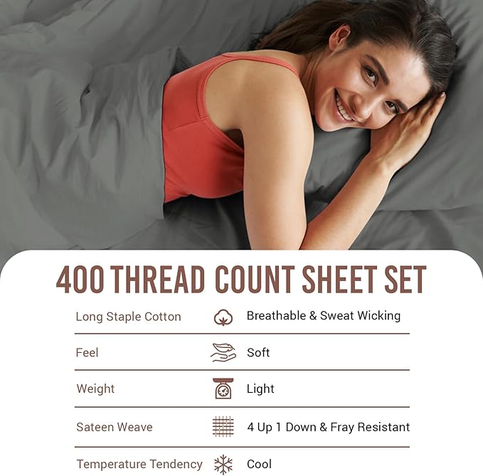 Pizuna Pure 100% Cotton Sheets Twin XL Size, Luxurious 400 Thread Count Long Staple Cotton Sateen Sheets with 15" Deep Pocket (Combed Dark Grey Sheet Twin XL)