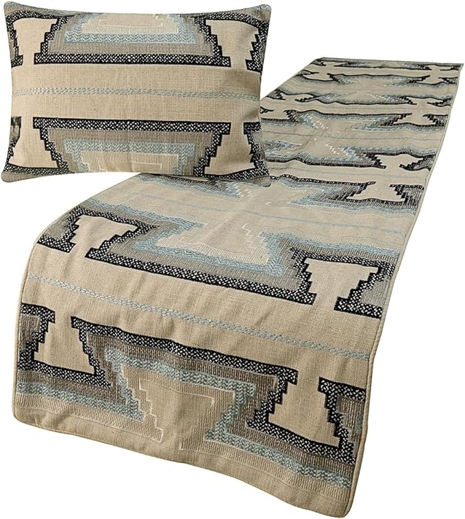 The HomeCentric King Queen Twin Blue & Ivory Designer King 90"x18" Bed Runner with Pillow Cover, Embroidered Bed Scarf on Cotton Fabric - Aztec Armour