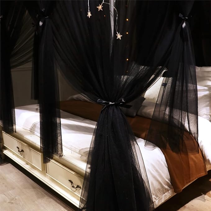 VETHIN 4 Corners Post Princess Bed Canopy Curtain Double Layer Cozy Drape Netting 4 Opening Mosquito Net for Girls & Adults Bedroom Decoration Accessories (Double Black, 53" W*78" L*82"*H/(Full))