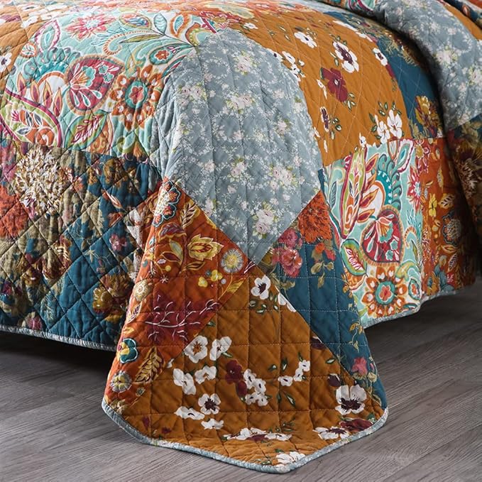 Autumn Dream Cotton Bedspread Quilt Sets Reversible Bedding Coverlet Sets Comforter, Vintage Floral Patchwork Red Blue Bedspread, King Size (Yellow Grey Floral Patchwork, King (96 by108 Inch)) | Breathable material, Reversible, Jacquard stitching, Soft...