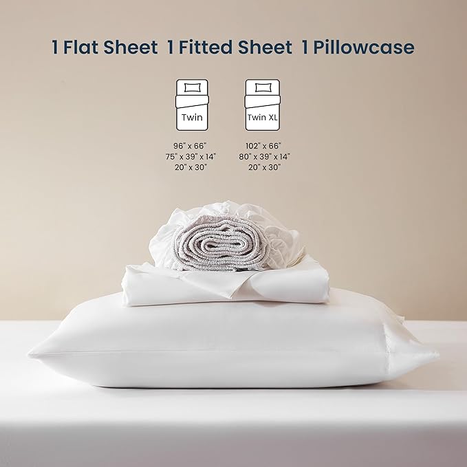 SLEEP ZONE Nanotex Super Soft Cooling Twin Bed Sheets Set for Kids 3 Piece - Easy Care Fitted Flat Sheet & Pillowcase Sets - Wrinkle Free, Fade Resistant, Deep Pocket 16" (White, Twin)