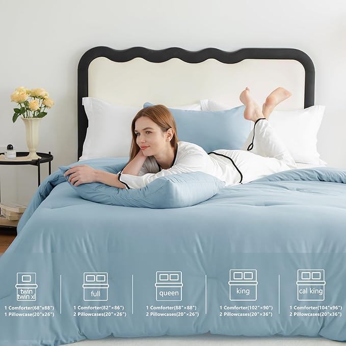 CozyLux Queen Comforter Set Light Blue, 3 Pieces Solid Queen Comforter Breathable Quilted Bedding Sets, Luxury Soft Bed Set with Down Alternative Comforter All Season (1 Comforter & 2 Pillowcases)