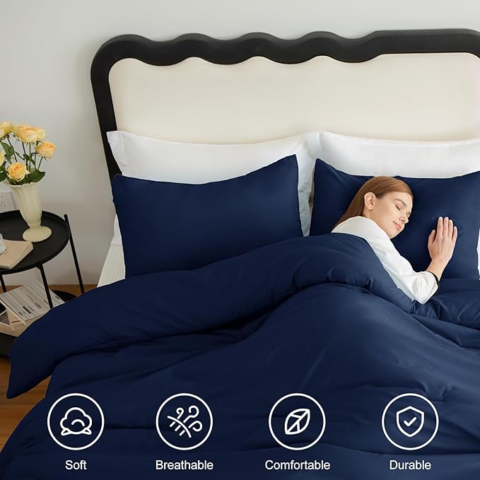 CozyLux Oversized King Comforter Set Navy Blue, 3 Pieces 120x98 Solid Breathable Quilted Style Bedding Sets All Season, Luxury Soft Down Alternative Comforter Bed Set (1 Comforter & 2 Pillowcases)