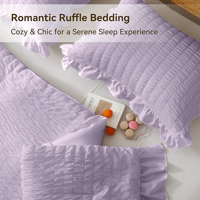 JOLLYVOGUE Lavender Comforter Full Size, 3 Pieces Seersucker Lightweight Full Size Bedding, All Season Fluffy Microfiber Bedding Comforter Set with 1 Ruffle Comforter and 2 Ruffle Pillowshams