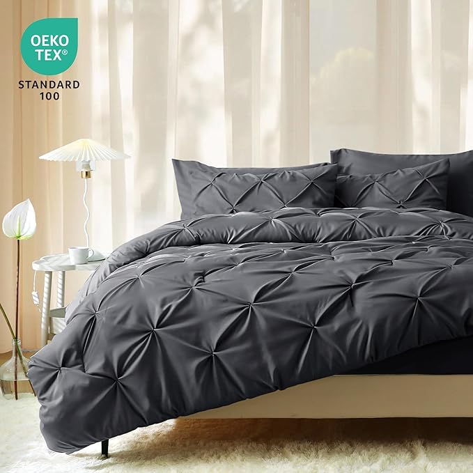 JOLLYVOGUE Full Size Comforter Sets 7 Pieces - Bed in a Bag Full for All Season, Pintuck Bedding Comforter Sets with Comforter, Flat Sheet, Fitted Sheet and Pillowcases & Shams, Dark Grey