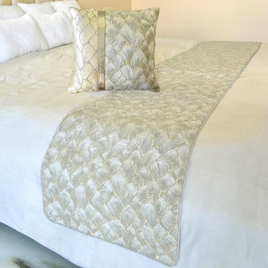 The HomeCentric King/Queen/Twin Ivory & Gold Decorative Full 68"x18" Bed Runner with 2 Pillow Cover, Patchwork, Quilted, Jacquard Foil Bed Scarf on Jacquard Fabric - Spinzar