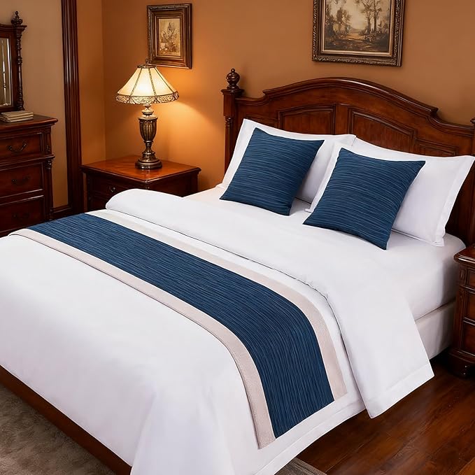 Blue Bed Runner King Stripe Seersucker Pattern Bed Scarf for King Size Blue Textured Quilted BedRunner Decorative for Hotel Bedroom (95 x 20 Inches, 1 Piece)
