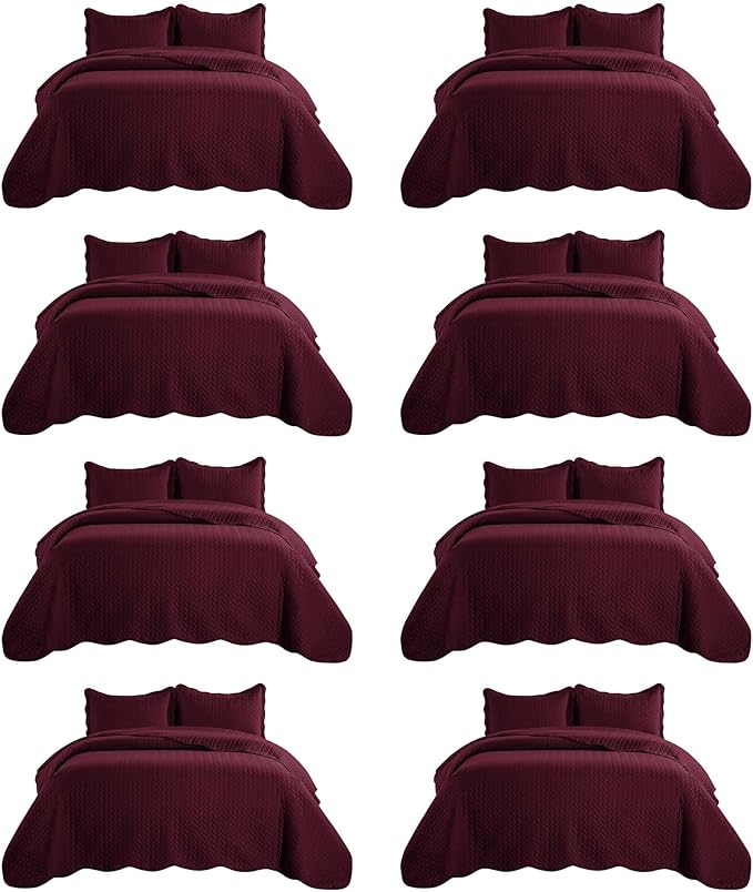 MOONLIGHT20015 8 Pack Quilt King Size Bedding (106" x 96") - Bulk Wholesale for Hotels, Guest Bedroom & Airbnbs - Lightweight Microfiber Reversible Embossed Quilts Bedspread (Burgundy)