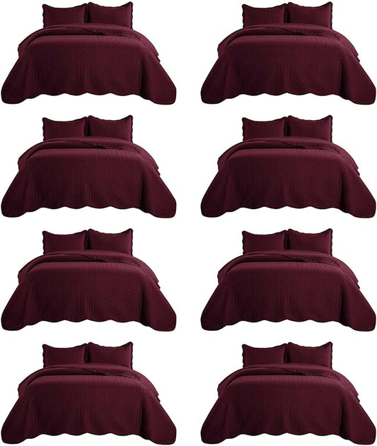 MOONLIGHT20015 8 Pack Quilt King Size Bedding (106" x 96") - Bulk Wholesale for Hotels, Guest Bedroom & Airbnbs - Lightweight Microfiber Reversible Embossed Quilts Bedspread (Burgundy)
