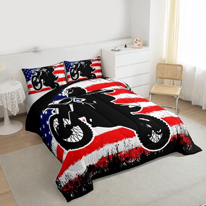 Dirt Bike Comforter Set King Motocross Comforter Retro American Flag Bedding Set for Kids Boys Teens Men Grunge Room Decor,Extreme Sports Tie Dye Bed Set Motor Biker Motorcycle Quilt Duvet Set 3 Pcs