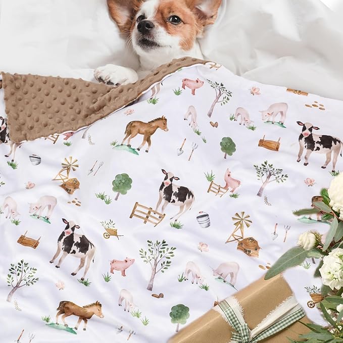 BOPRIO Baby Blankets for Boys Girls, Soft Lightweight Nursery Minky Blankets with Double Layer Dotted Backing for Infant Toddler Nursery Crib with Cute Farm Animals Design 30 x 40 Inch