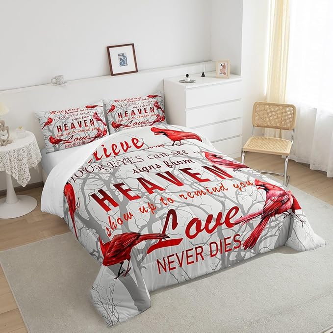Feelyou Cardinal Bird Comforter Set Full Size Farmhouse Red Birds Bedding Set for Girls Boys Women Men Tree Branches Decor Comforter Nature Comforter with 2 Pillow Case