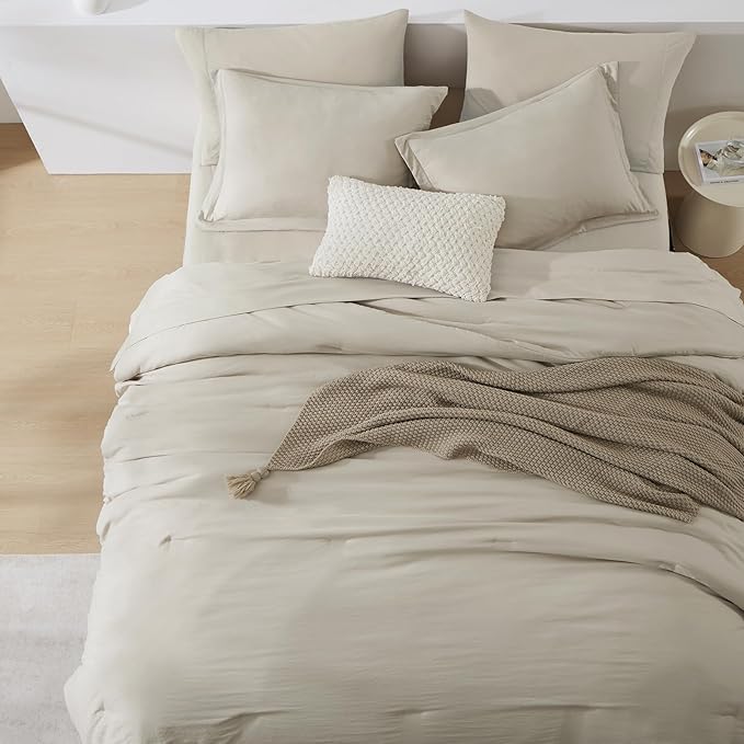 WRENSONGE Full Size Comforter Sets- 7 Pieces Soft Light Oatmeal Bed in a Bag with Fitted Sheet, Flat Sheet, 2 Pillow Shams, 2 Pillowcases, Warm Bedding Sets for All Season