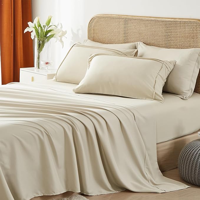 Yogeneg Queen Comforter Set 7 Piece Bed in a Bag,Grid Pinch Pleat Beige Bedding Set,Striped Textured Soft Microfiber Comforter with Sheet Set,All Season Complete Bed Set(Beige,Queen)