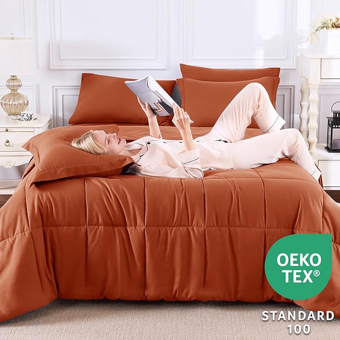 CozyLux King Size Comforter Set Terracotta - 7 Pieces Bed in a Bag King, Okeo-Tex Certifited Bedding Set, All Season Soft Bed Set with Down Alternative Comforter, Sheets, Pillowcases & Pillow Shams