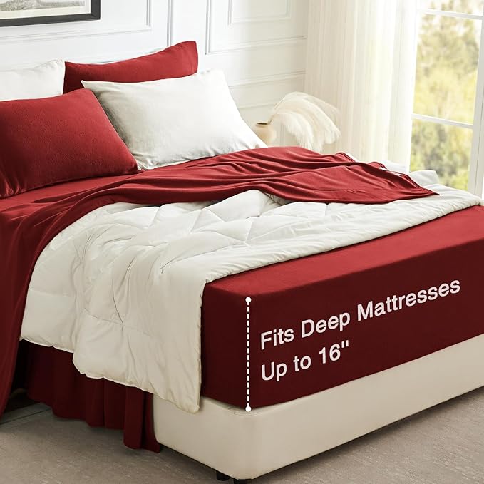 Love's cabin Fleece Full Sheet Set - 4 Pcs Red Super Soft Plush Polar Fleece Bed Sheets Set with 16" Deep Pocket,Cozy Warmth for Cold Season(1 Flat Sheet,1 Fitted Sheet,2 Pillow Cases)