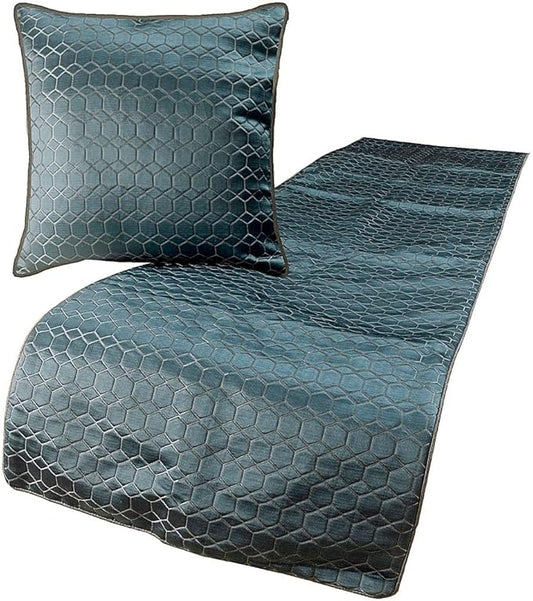 The HomeCentric King Queen Twin Blue Handmade Twin 53"x18" Bed Runner with Pillow Cover, Hexagon Pattern Bed Scarf on Jacquard Fabric - Hexagon Lagoon