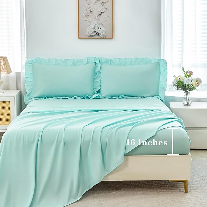 ANGIYUIN 5Pcs Queen Size Comforter Sets Mint Green Ruffle Bedding Sets Vintage Farmhouse Bed Sets Solid Elegance Bed in A Bag for Women Men（Mint Green Queen）