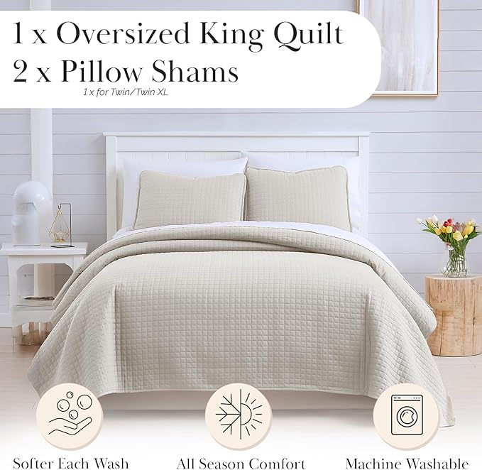 Southshore Fine Living, Inc. King Quilt Bedding Set, Quilted Comforter, Coverlet Bed Spread for California Kings, Luxury Bedding King Quilt Set, Lightweight Quilted Bedspread w/Shams, Bone