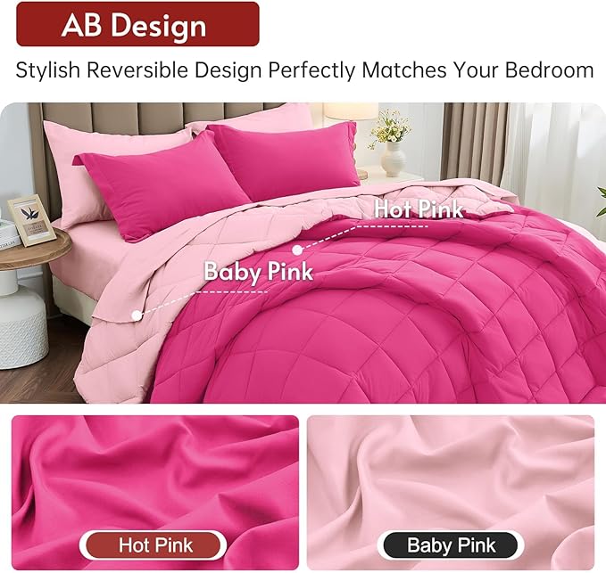 MUXHOMO 5 Pieces Twin XL Comforter Set, Reversible Bed in a Bag Twin XL Size, All Season Bedding Set with Comforter, Flat Sheet, Fitted Sheet, Pillowcases & Shams, Hot Pink & Baby Pink