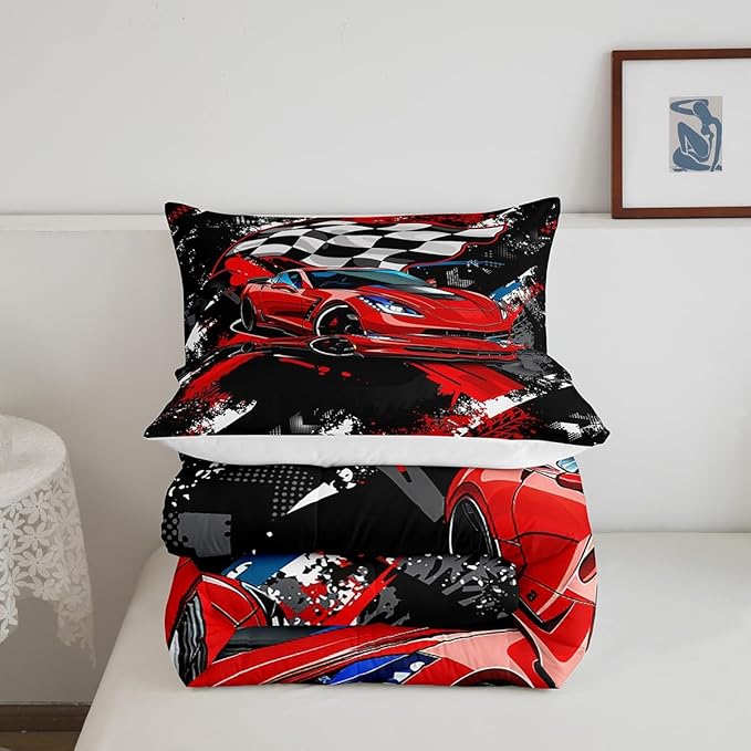 Car Bedding Set For Boys Cool Racing Sports Car Comforter Cover for Kids Children Extreme Sports Theme Comforter Modern Red Automobile Duvet Set Room Decor 1 Comforter With 1 Pillow Case Twin Size