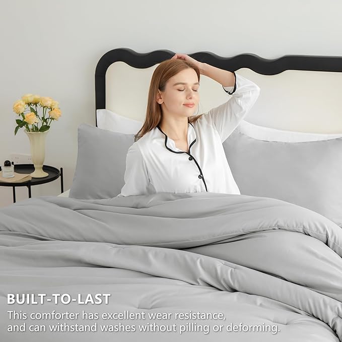 CozyLux Light Grey King Size Comforter Set, 3 Pieces Light Gray Solid Breathable Quilted Bedding Sets, Luxury Fluffy Soft Bed Set with Down Alternative Comforter and 2 Pillowcases for All Season