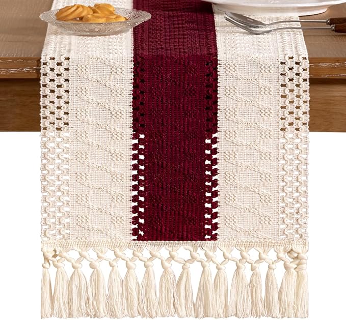 Socomi Boho Table Runner Valentine's Day Farmhouse Rustic Dining Kitchen Centerpiece Decor Small Macrame Woven Cotton Linen Coffee Table Runner for Dresser Scarf Home Decor 12x72 in Burgundy Ivory