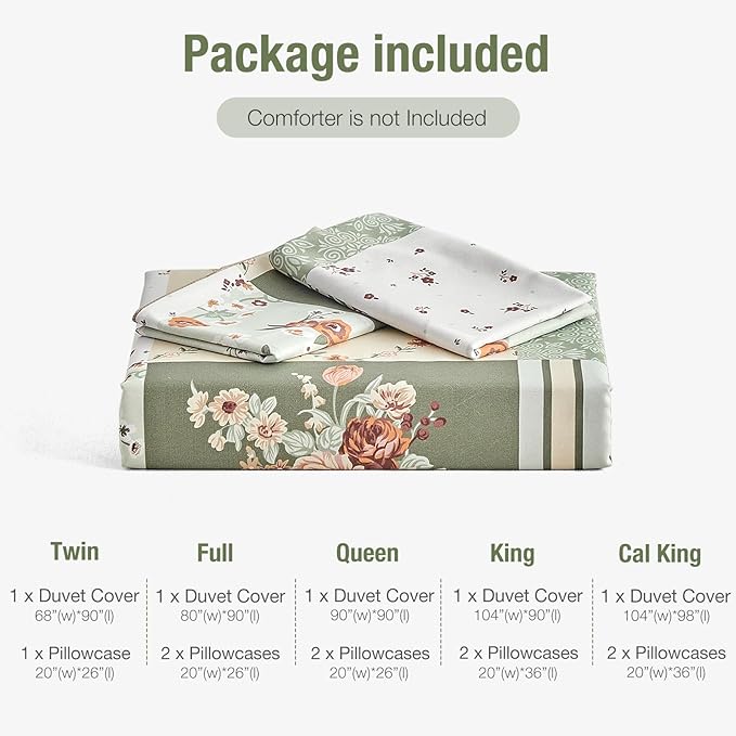Lekesky King Size Duvet Cover Set, Patchwork Floral 3 Pieces Reversible Green Duvet Cover Set, Ultra-Soft Microfiber 3 Pieces Comforter Cover with Zipper and Corner Ties, Includes 2 Pillowcases