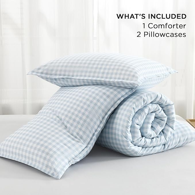 Andency Light Blue Gingham Comforter Set Queen(90x90Inch), Checkered Grid Plaid Buffalo Bed Set for Girls Boys Kids Teens, 3 Pieces Lightweight Microfiber Geometric Preppy Bedding