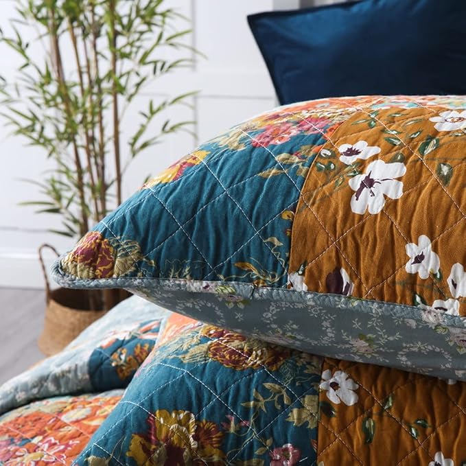Autumn Dream Cotton Bedspread Quilt Sets Reversible Bedding Coverlet Sets Comforter, Paisley Floral Patchwork Yellow Grey Bedspread, Queen Size