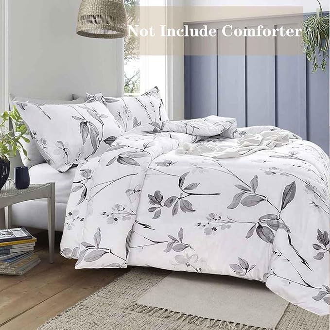 Nanko King Duvet Cover Set 3 Piece - 104x90 Luxury Microfiber Gray Grey and White Floral Flowers Comforter Cover with Zipper Closure, Ties - Best for Men and Women, Leaf